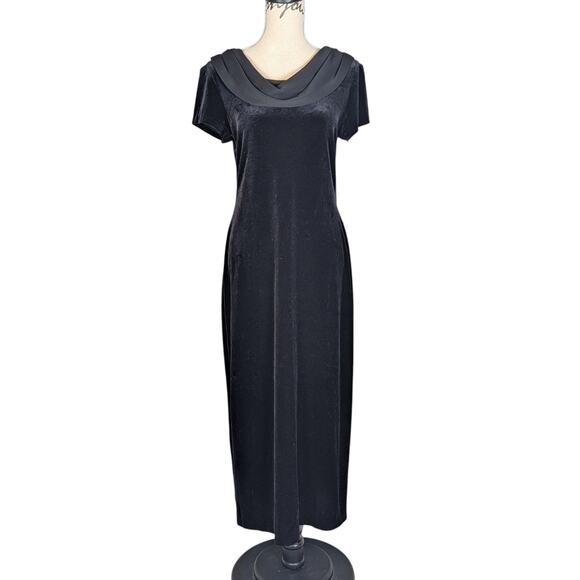 90s Vintage Velvet Short Sleeve Midi Formal Dress Gown With Chiffon Scarf Black - Picture 1 of 16